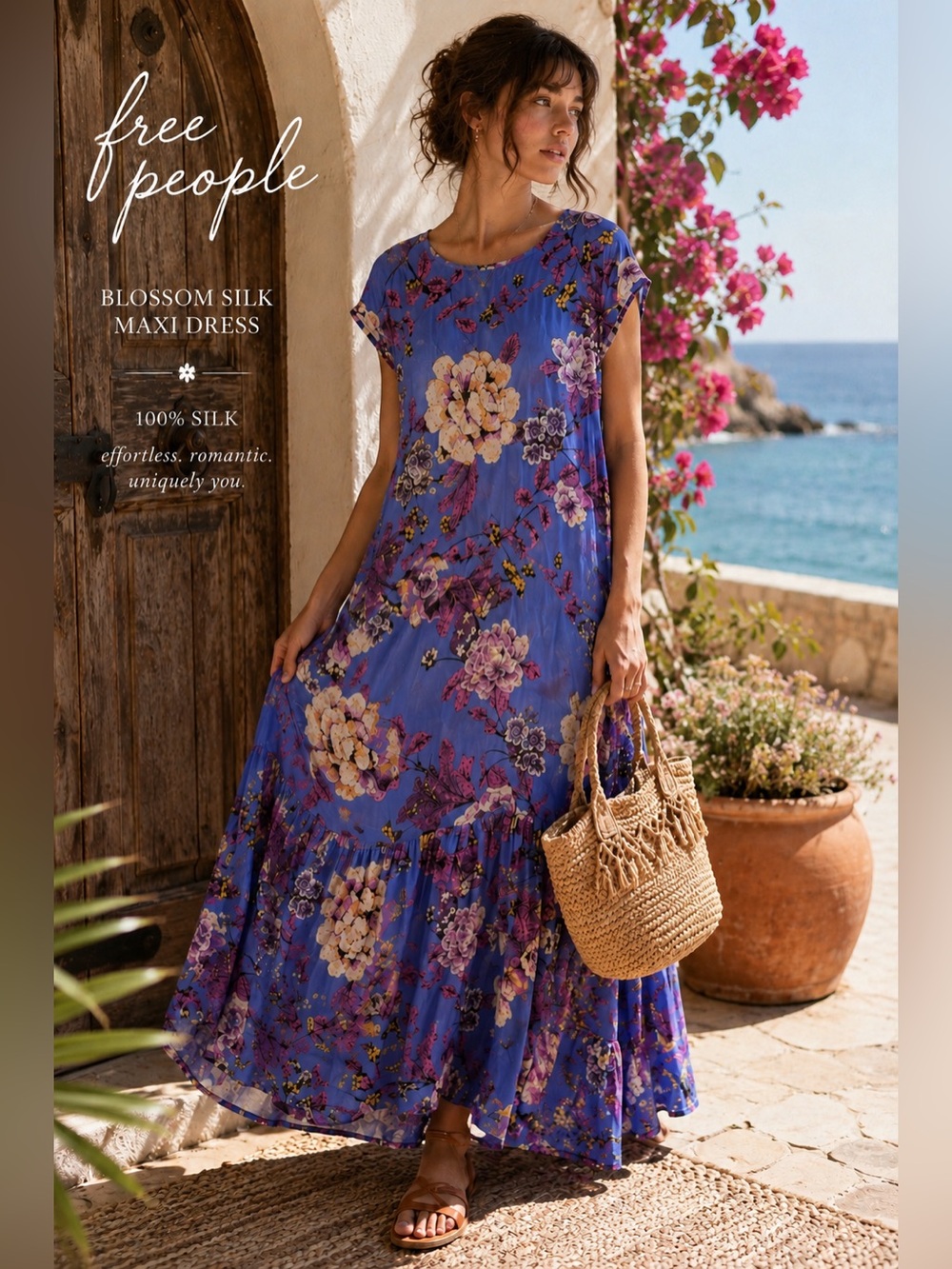 Free People Blossom Maxi Dress XS Blue Floral Boho Romantic 100% Silk resort B